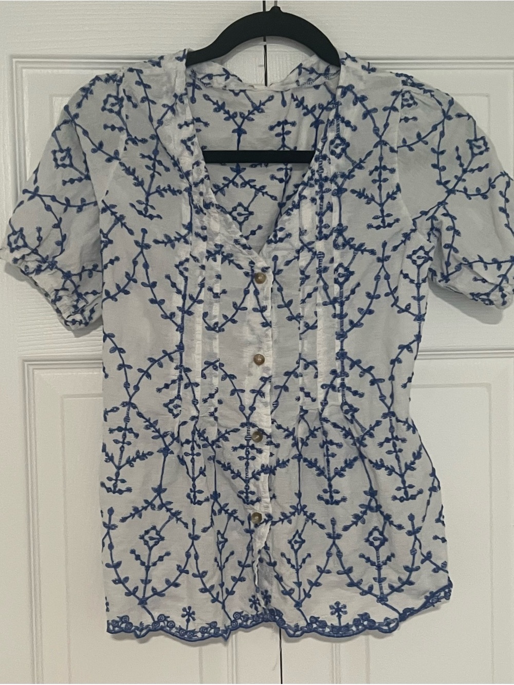 White Babydoll Sheer Blouse with Blue Embroidered Motif